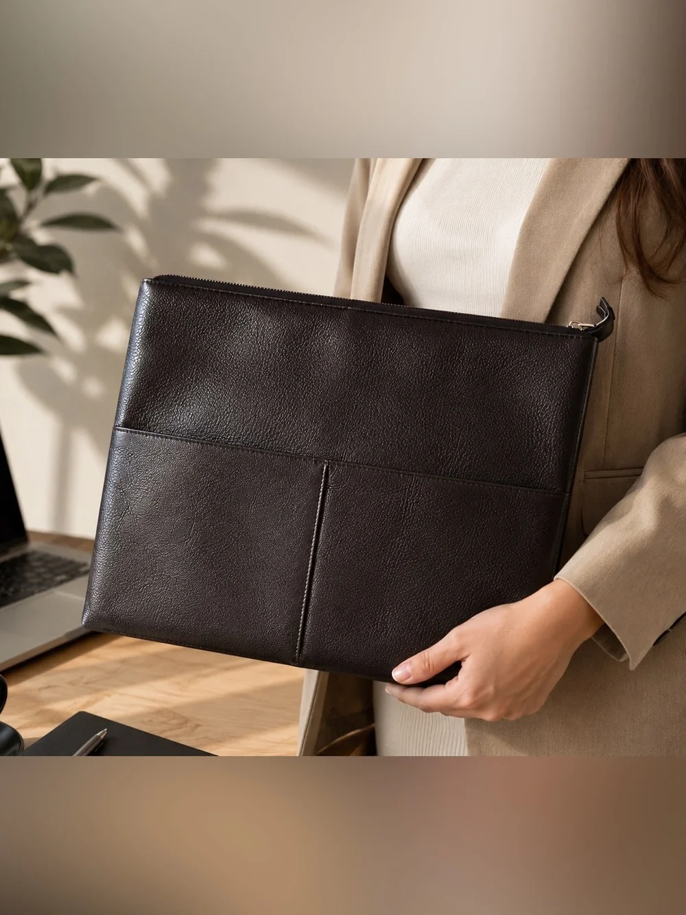 Black pebbled Leather Zip laptop sleeve Portfolio Briefcase